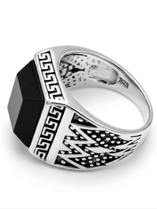 Other - Black obsidian engraved geometric pattern signet new size 8 quality titanium sil